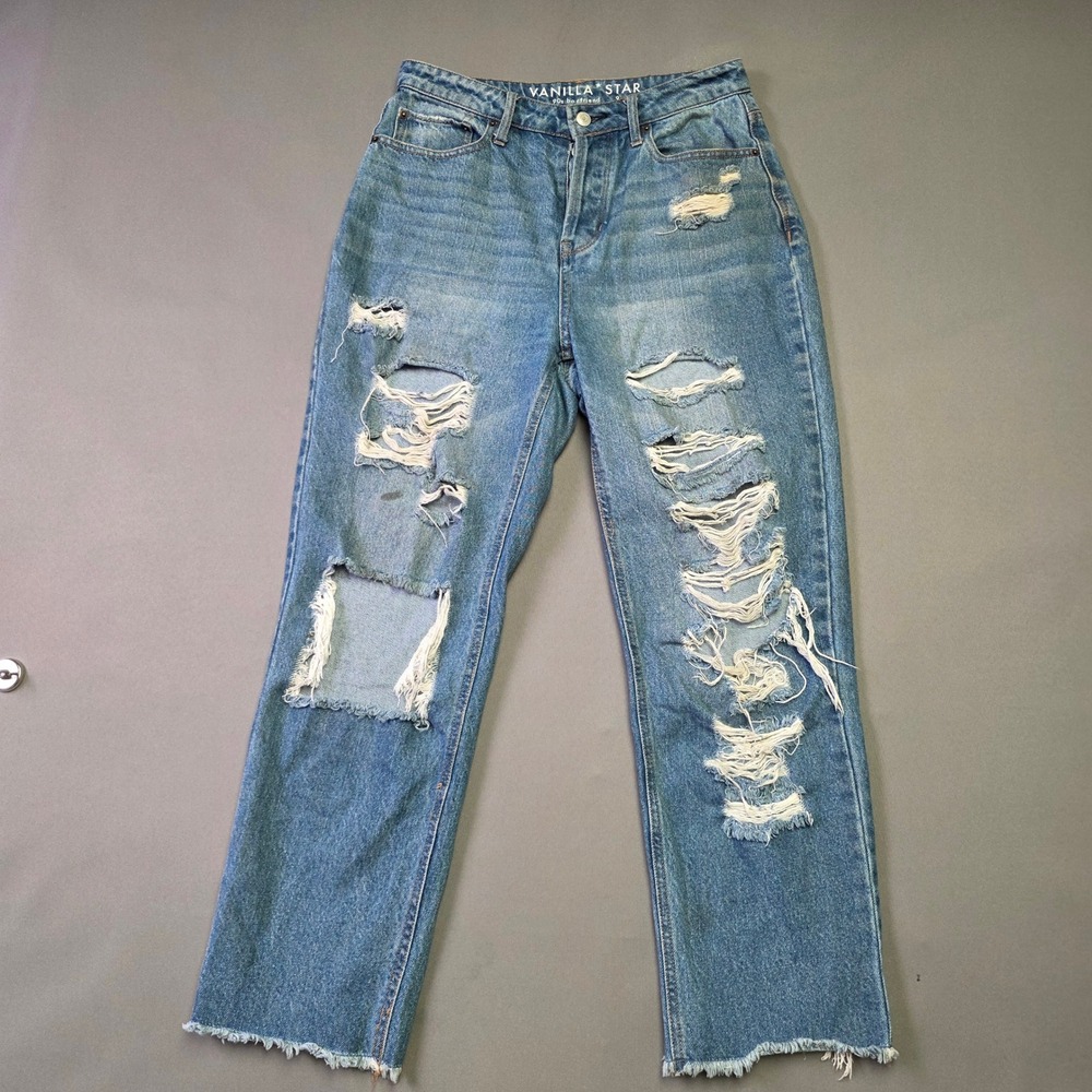 Vanilla Star 90s Boyfriend Distressed Jeans Blue Denim Button Fly Size 9